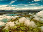 Aerial view of beautiful Lofoten islands in Norway from above the clouds