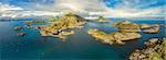 Aerial panorama of scenic fishing village Mortsund on Lofoten islands, Norway