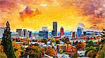 Portland Oregon Downtown City During Sunset in the Fall Season Abtract Painting