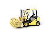 Forklift truck holding wood beams on the white background.