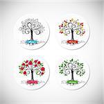 Set trees of four seasons. Spring, autumn, summer, winter. Vector illustration. Isolated on white background.