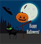 Halloween vector icon with pumpkin, cat and bat