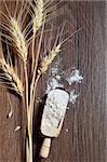 Wood spoons with whole wheat grains and wheat flour