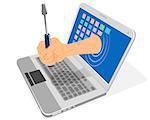 Vector illustration of a laptop, hand and screwdriver