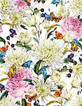 Vintage Watercolor Floral Seamless Background  with Chrysanthemums, Roses, Wild Flowers and Butterflies. Watercolor Illustration