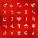 Christmas New Year Thin Line Icons Set. Vector Collection of Winter Holiday Modern Thin Line Icons for Web and Mobile over Red Polygonal Blurred Abstract Background. Seasonal Celebration