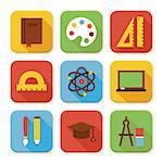 Flat School and Education Squared App Icons Set. Flat Style Vector Illustration. Knowledge and Science Set. Collection of Square Rectangular Shape Application Colorful Icons with Long Shadow