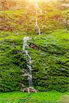 Beautiful mountains landscape with waterfall and green plants in Nepal, Annapurna trekkin