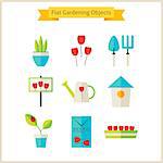 Flat Spring and Gardening Objects Set. Flowers and Vegetables. Agriculture Vector Illustration. Collection of Nature Garden Objects Isolated over white.