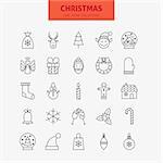 Line Christmas New Year Icons Big Set. Vector Set of 25 Winter Holiday Seasonal Modern Thin Line Icons for Web and Mobile. Linear Icons Collection