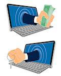 Vector illustration of a laptop and hand with keys and money