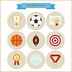 Flat Sport and Competition Winning Icons Set. Sports and Activities. Success Leader and Winner. First place. Collection of Back to School Circle Icons. Healthy Lifestyle.