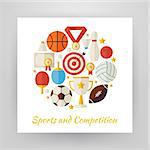 Flat Style Circle Vector Set of Sport Recreation and Competition Objects Isolated over White. Flat Design Vector Illustration. Collection of Sports and Activities Colorful Objects. Set of Team Games First place and Sport Items Isolated over white. Design Elements over Paper Template