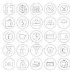 Line Circle Money Finance Banking Icons. Vector Set of Line Art Modern Icons for Web and Mobile. Bank and Banking. Money and Finance Items. Business Marketing and Shopping Objects. Earnings and Investments.