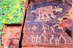 Closeup image of Indian petroglyphs on a rock face near Cottonwood, Arizona