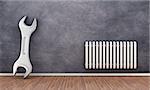 Illustration of repair of radiator on a wall in an room