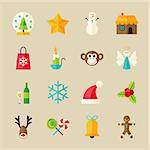 Christmas and Happy New Year Objects Set. Flat Style Vector Illustration. Winter Holiday. Collection of Objects over Beige Background