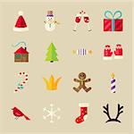 Happy New Year Objects Set. Flat Style Vector Illustration. Winter Holiday. Collection of Merry Christmas Objects over Beige Background