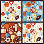 Four Vector Flat Competition Sport Recreation Patterns Set. Sports and Activities Flat Design Vector Illustration. Background. Set of Team Games First place and Sport Items