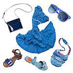 Lady fashion set of summer outfit blue color isolated