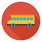 Flat Transportation School Bus Circle Icon with Long Shadow. Back to School Vector illustration. Vehicle Truck Car Object. Traffic and Transport