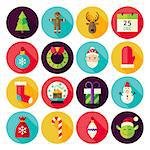 Merry Christmas New Year Icons Set with long Shadow. Flat Design Vector Illustration. Winter Happy New Year Holiday. Collection of Circle Icons