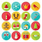 Merry Christmas Icons Set with long Shadow. Flat Design Vector Illustration. Winter Happy New Year Holiday. Collection of Circle Icons