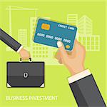 Flat design modern vector illustration concept of business investment, internet banking with credit card in the hand and briefcase in the hand. EPS 10.