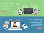 Flat design modern vector illustration concepts of  business training, analytics, management with laptop, girl and with  briefcase, tablet, loupe and pen - eps 10