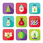Happy New Year Merry Christmas Square App Icons Set. Flat Design Vector Illustration. Winter Colorful Objects. Icons for Website and Mobile Application.