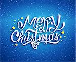 Merry Christmas text lettering for greeting card, prints and web banner. Blue blurred background with bokeh and hand drawn inscription for winter holidays. Vector illustration