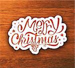Merry Christmas text lettering sticker on wooden background. Vector illustration. Typographic label for Christmas greeting cards and poster.