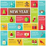 Flat Design Vector Icons Infographic Happy New Year Concept. Design elements for mobile and web applications with long shadow. Merry Christmas winter holiday.