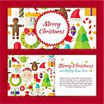 Merry Christmas Flat Style Template Banners Set. Flat Style Design Vector Illustration of Brand Identity for Winter Holiday Promotion. Happy New Year Colorful Pattern for Advertising.