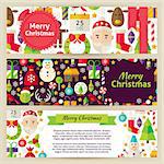 Merry Christmas Template Banners Set in Modern.  Flat Design Vector Illustration of Brand Identity for Winter Holiday Promotion. Happy New Year Colorful Pattern for Advertising.
