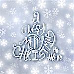 Very Merry Christmas typographic label. Background with hand lettering for christmas. Abstract snowy bakground with glowing snowflakes. Vector illustration.