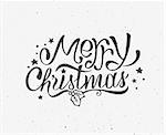 Vintage Merry Christmas greeting card with hand-drawn typography on white grunge paper texture. Black and white retro letterpress poster for Christmas. Vector background. Winter holidays greetings
