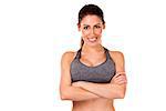 pretty caucasian fitness woman on white isolated background