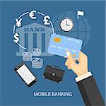 Flat design modern vector illustration concept of mobile banking, business investment, internet banking with credit card in the hand. EPS 10