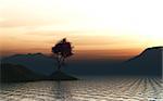 3D render of a Japanese Maple tree on a grassy island in the ocean against a sunset sky
