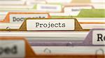 Projects Concept. Colored Document Folders Sorted for Catalog. Closeup View. Selective Focus.