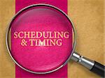 Scheduling and Timing Concept through Magnifier on Old Paper with Lilac Vertical Line Background.