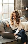Smiling elegant brown-haired woman sitting on couch in front of open laptop computer and working in loft apartment