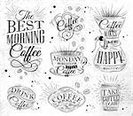 Set of coffee signs lettering drawing in vintage style on white dirty paper