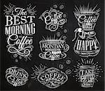 Set of coffee signs lettering drawing chalk in vintage style on chalkboard