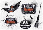 Halloween set, drawn halloween symbols pumpkin, lettering and stylized drawing in vintage style