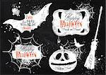 Halloween set, drawn halloween symbols pumpkin, lettering and stylized drawing with chalk on blackboard