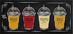 Poster set of cups with dome and different juices drawing with chalk on the blackboard