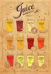 Poster juice menu with glasses of different juices drawing on kraft background