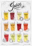 Poster juice menu with glasses of different juices drawing on background of dirty paper